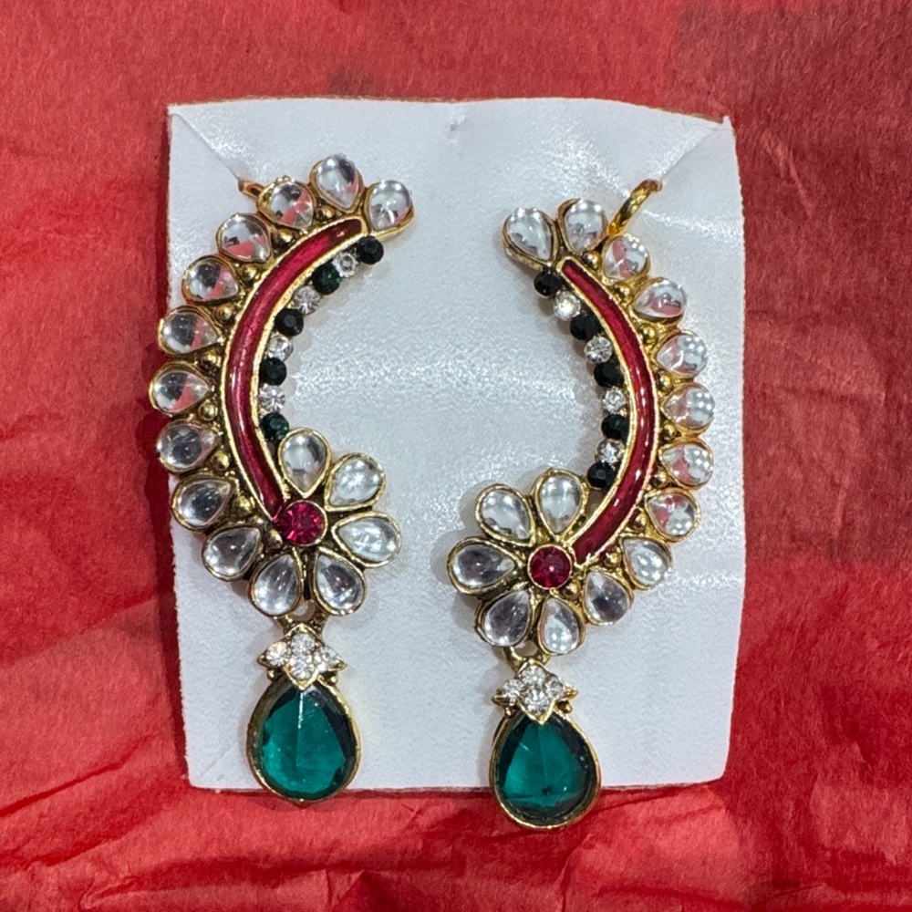 Kundan Chandbali Earrings with floral design and green stone drops
